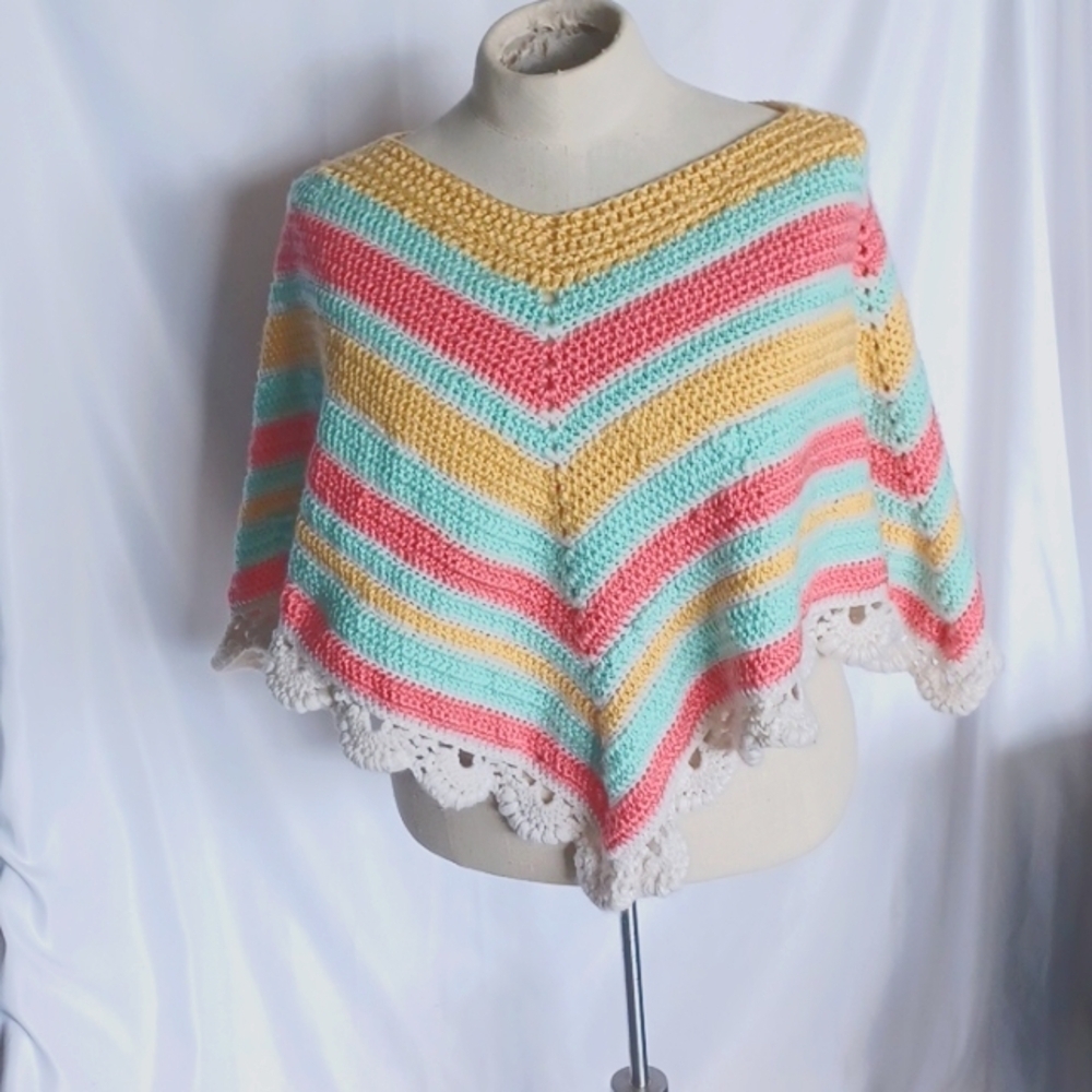 Colorful Handmade Crocheted Poncho, green, yellow, white & Pink, OSFM
